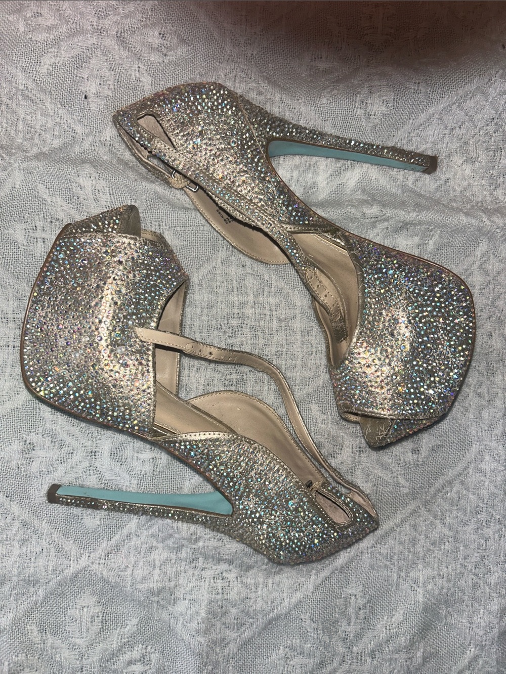 Betsey Johnson Champagne Glitter Crystal Peep-Toe Platform Heels